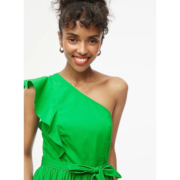 J.Crew One Shoulder Midi Dress A Line Ruffle Pockets Kelly Green US 00 NWT - Picture 3 of 12
